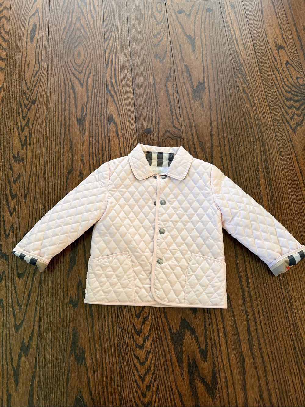 Burberry Light Pink Quilted Kids Jacket with Plaid Trim